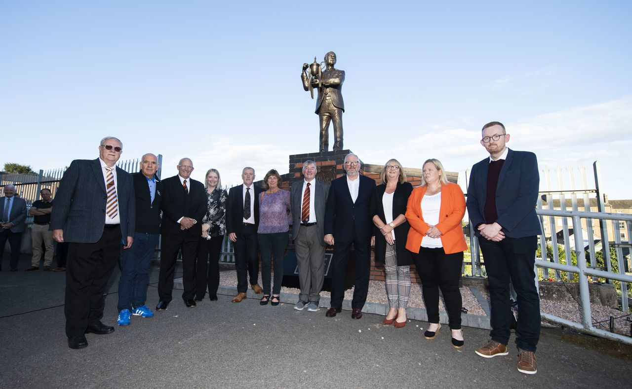 DUNDEE, SCOTLAND - SEPTEMBER 18: A statue of legendary Dundee United manager Jim McLean is unveiled outside of Tannadice Stadium on September 18, 2021, in Dundee, Scotland.