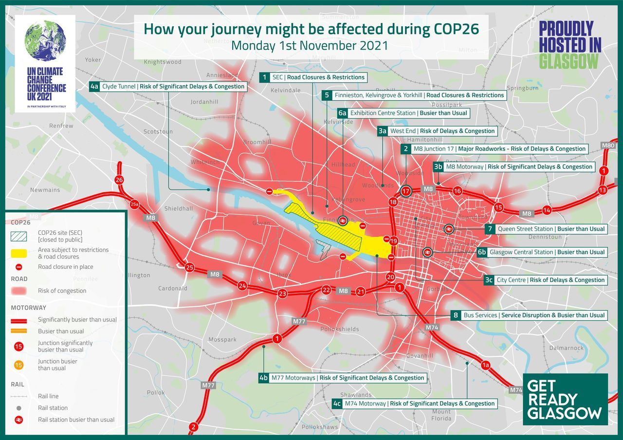 Red shows areas at risk of congestion with roads expected to be significantly busier than usual on the first day of the conference.