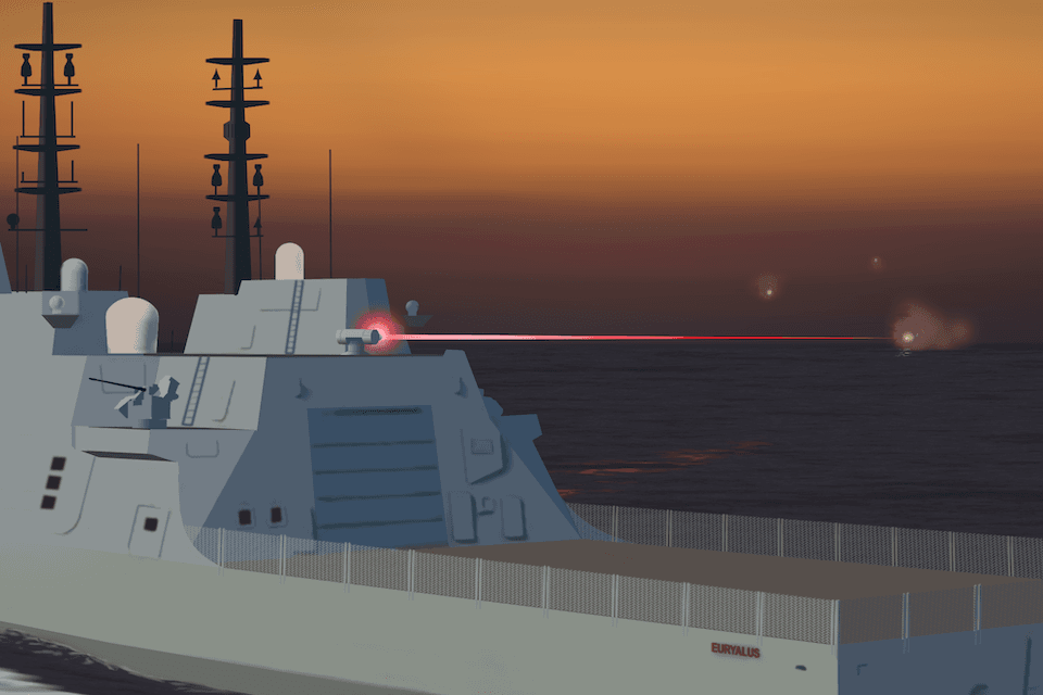 Computer Generated Image illustrating the use of DEW on a Type 26 Frigate.