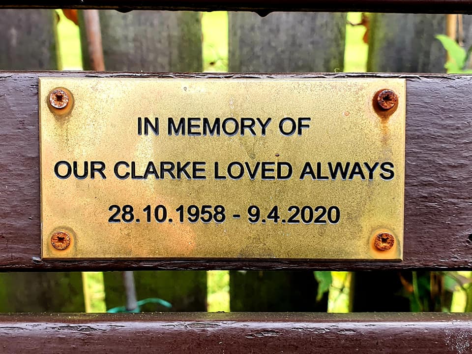 A plaque dedicated to Pamela's son Clarke who died on April 9, 2020, seven weeks after a cancer diagnosis.