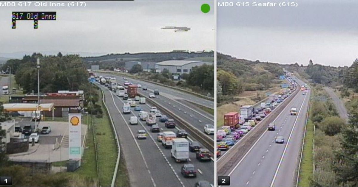 Vehicle fire after lorry overturns on M80 causing traffic jam