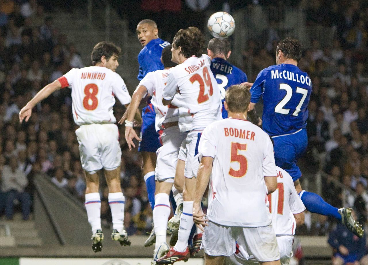 Lee McCulloch rises above the Lyon defence to head Rangers in front.