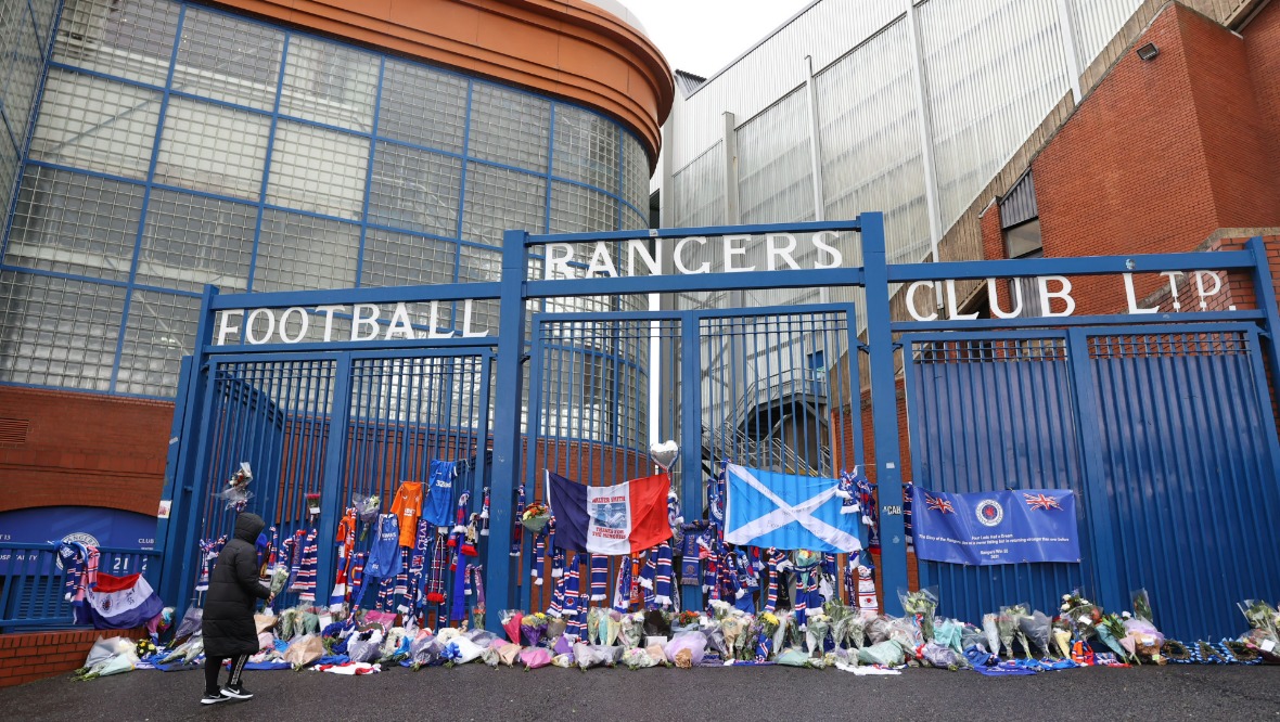 Glasgow: Tributes outside Ibrox Stadium.