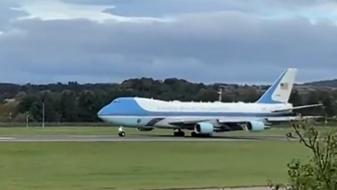 Air Force One touches down at Edinburgh Airport.