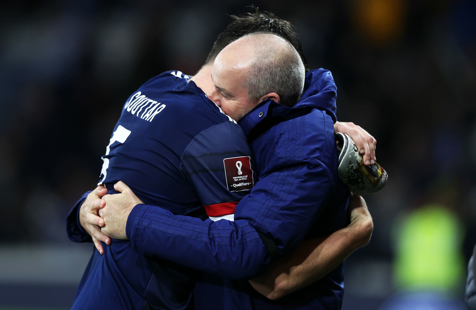 GLASGOW, SCOTLAND - NOVEMBER 15: Scotland Manager Steve Clarke celebrates with John Souttar at full time during a FIFA World Cup Qualifier between Scotland and Denmark at Hampden Park, on November 15, 2021, in Glasgow, Scotland. (Photo by Craig Williamson / SNS Group)