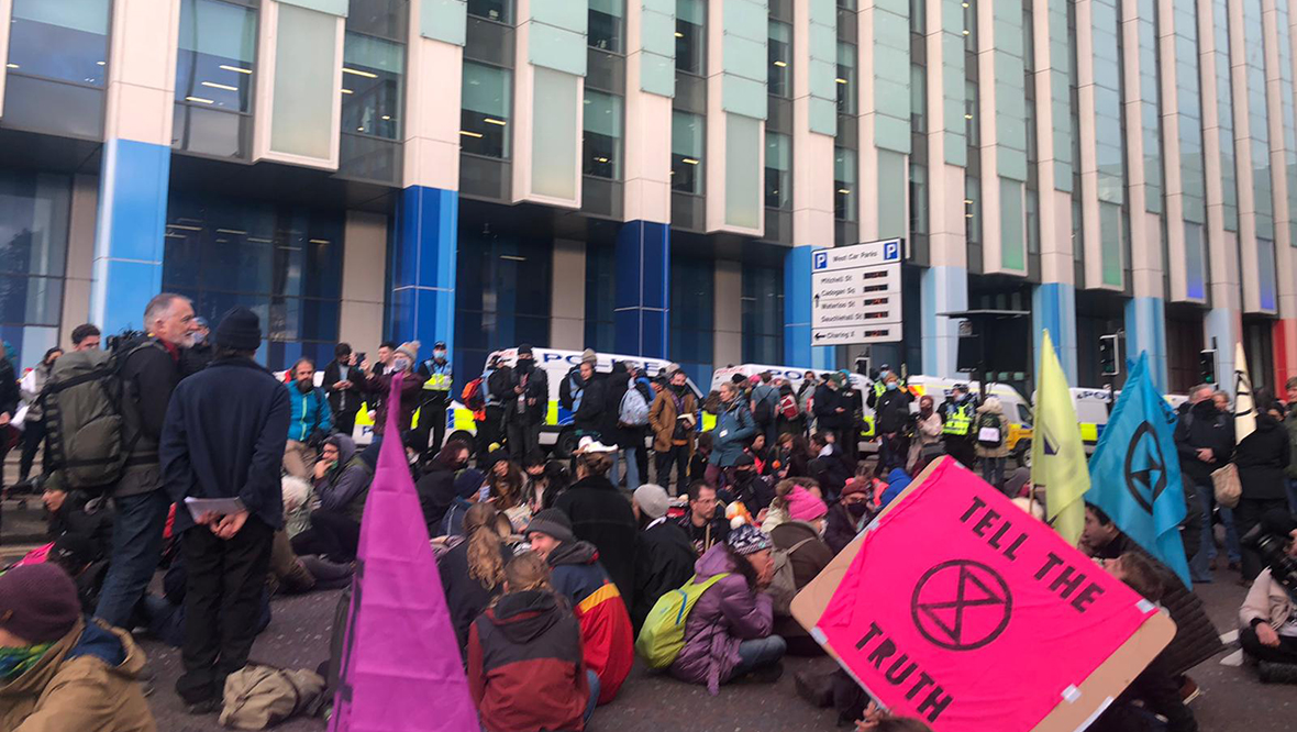 Extinction Rebellion protesters in front of Scottish Power building in Glasgow city centre.