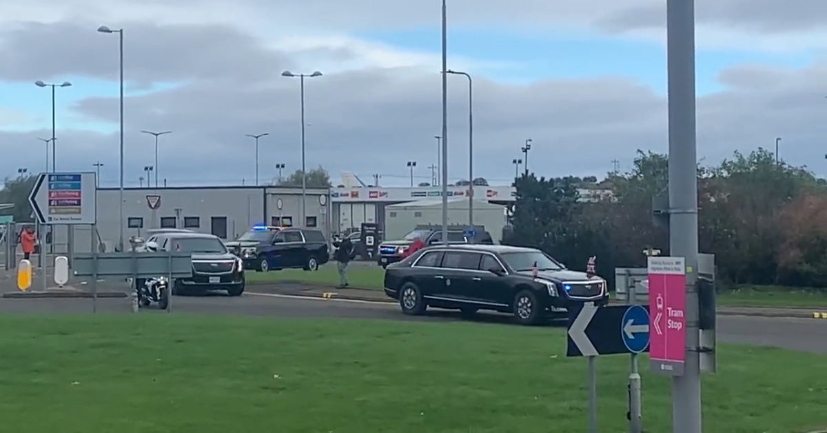 Presidential motorcade leaves Edinburgh airport.