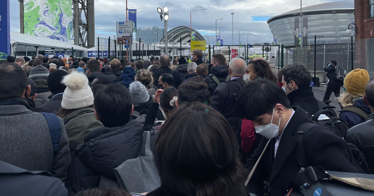 Large queue forms outside the COP26 Blue Zone.