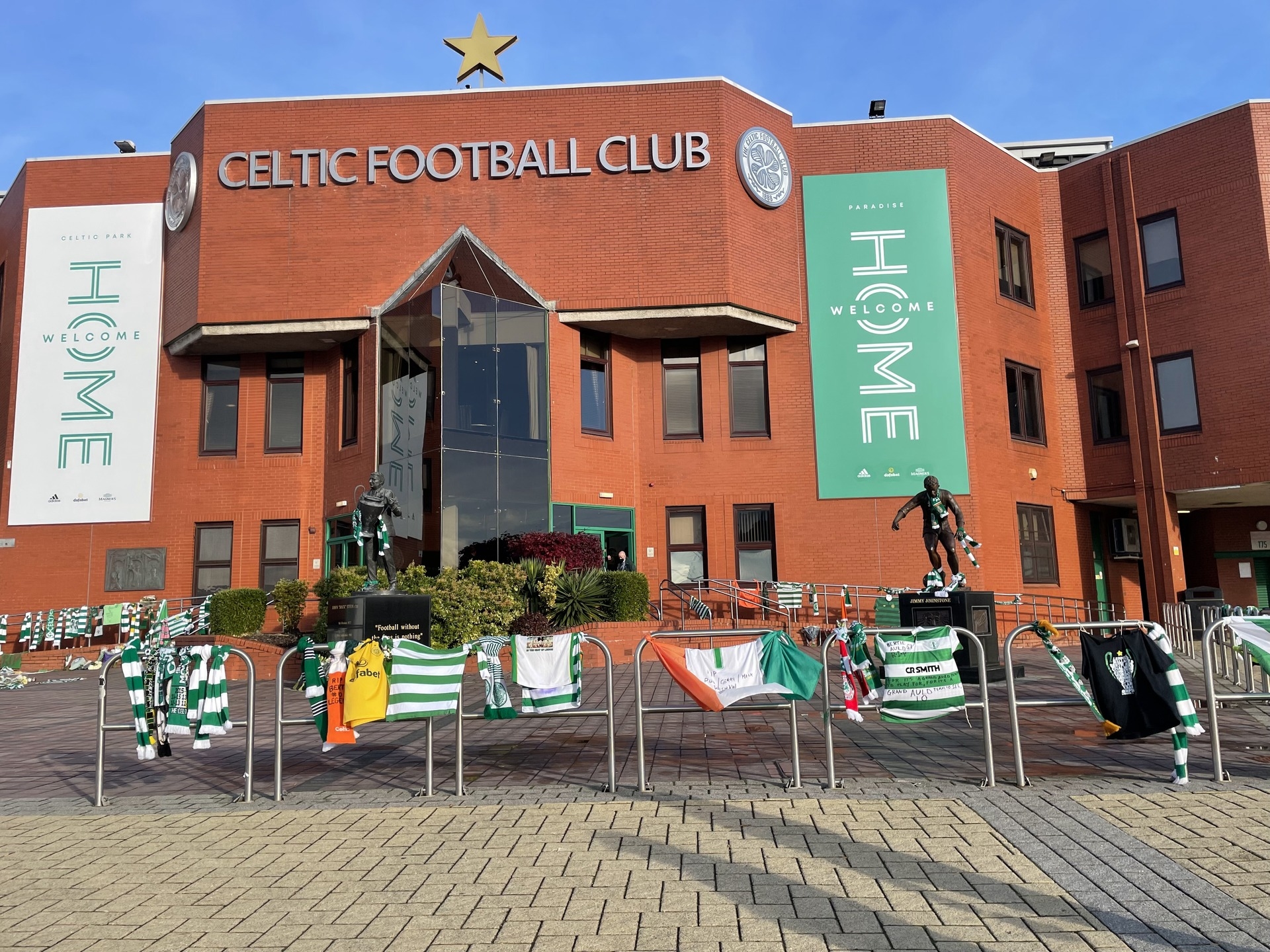 Tributes: Shirts and scarves at Celtic Park following death of Bertie Auld. 
