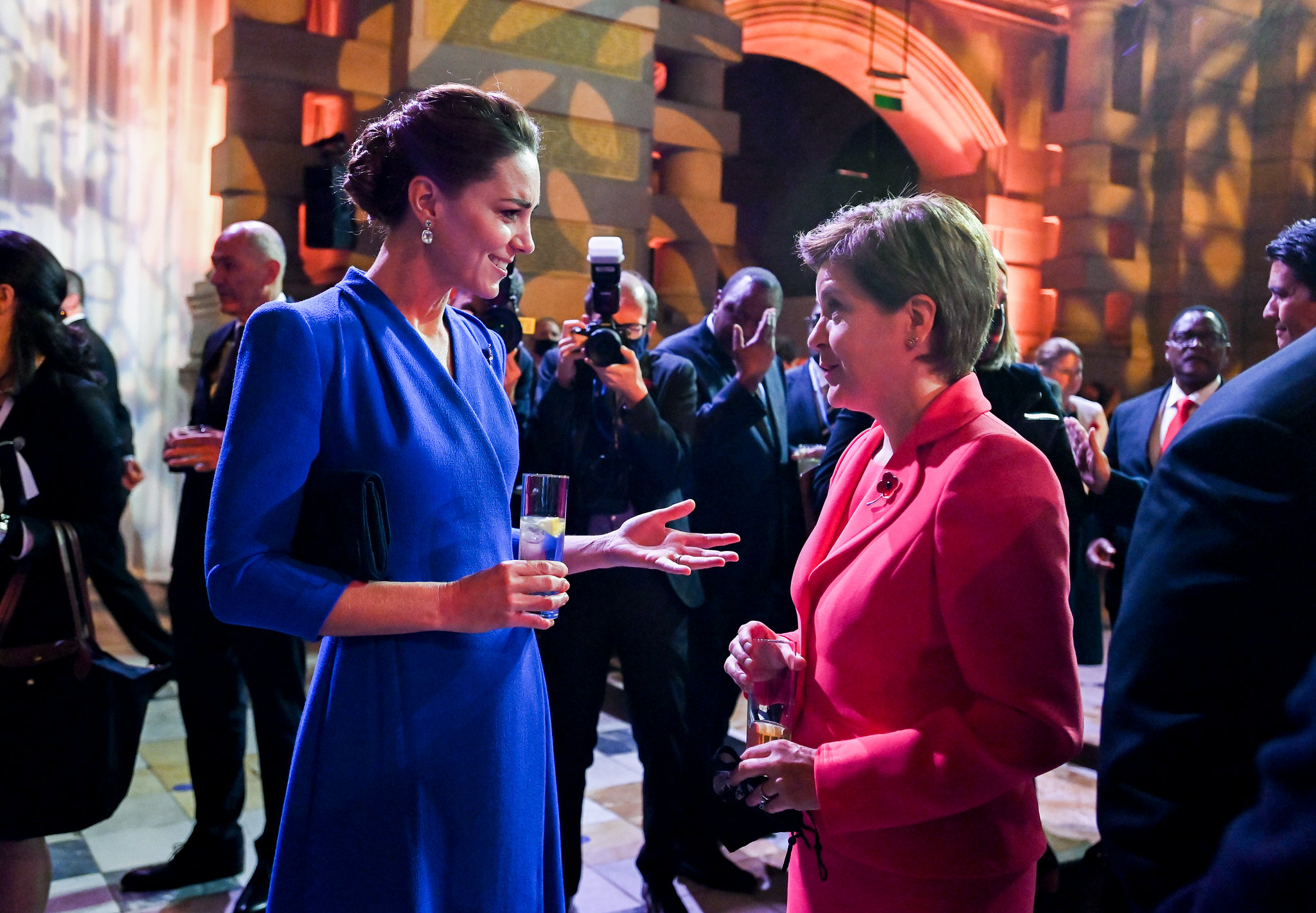 Catherine, Duchess of Cambridge, and First Minister Nicola Sturgeon talk at a COP26 reception at the Kelvingrove Art Gallery.