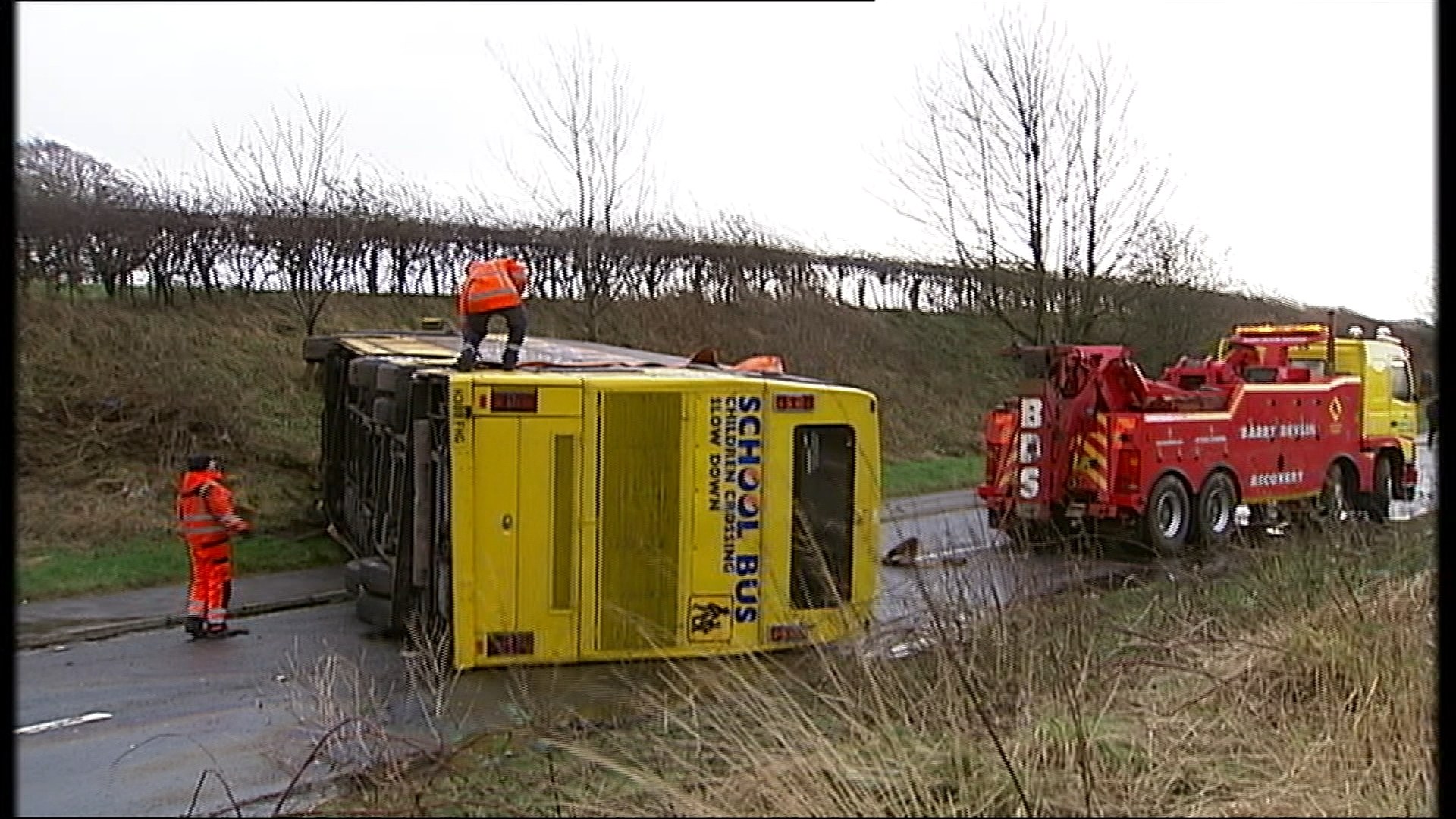 This school bus overturned, but fortunately no pupils were on board at the time.