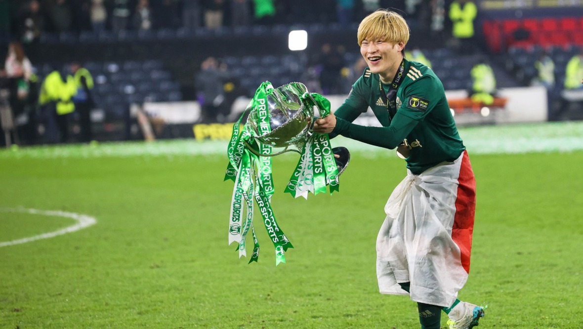 Kyogo Furuhashi scored twice as Celtic beat Hibs 2-1 in the final. (Photo by Alan Harvey / SNS Group)