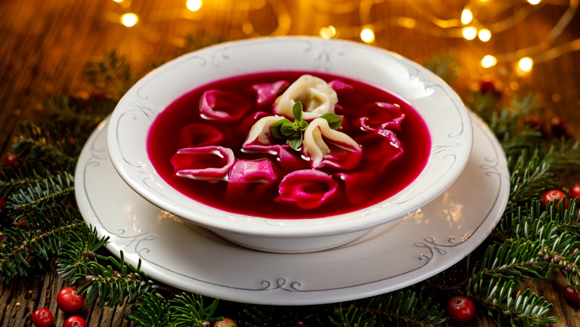 In Poland, red borscht with small dumplings is served on Christmas Eve. 
