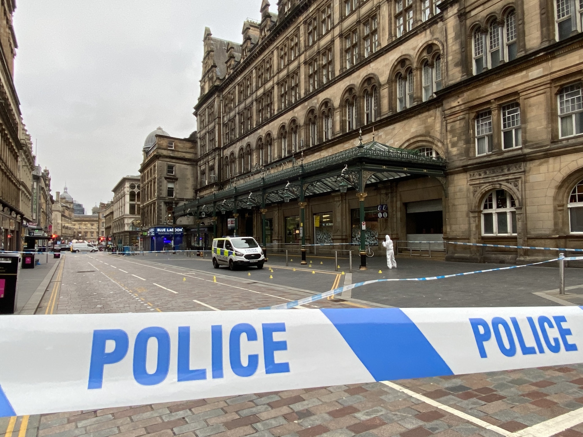A cordon remains in place around the scene outside Central Station in Glasgow.