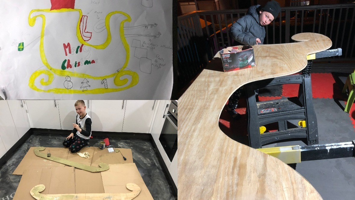 Nathan's workshop: The schoolboy brought his sleigh design to life.