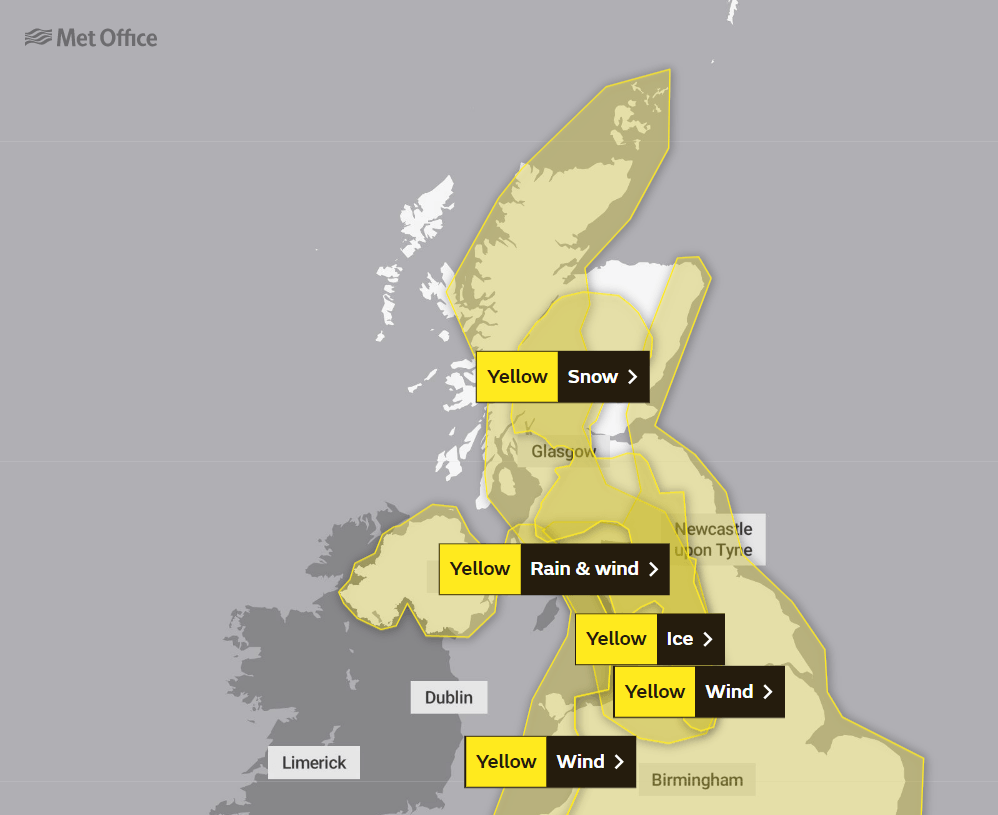 Yellow warnings have been issued by the Met Office.