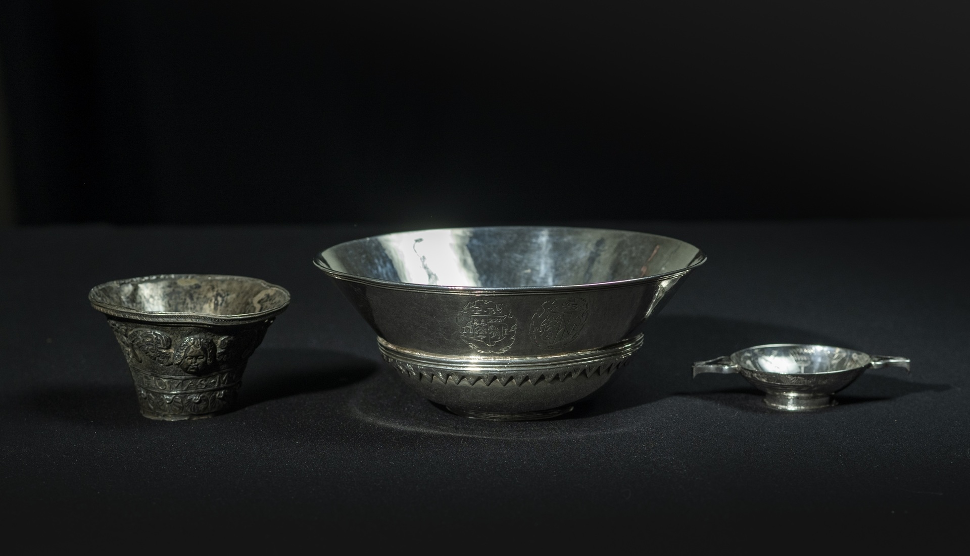 National Museums Scotland of Curator Lyndsay McGill with a trio of exceptionally rare silver objects, created in Scotland in the 1600s. (Phil Wilkinson/National Museums Scotland)