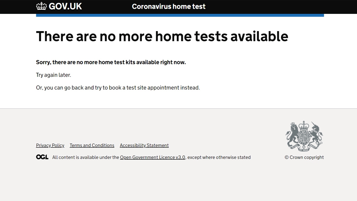 Message on UK Government website saying no lateral flow test kits available.