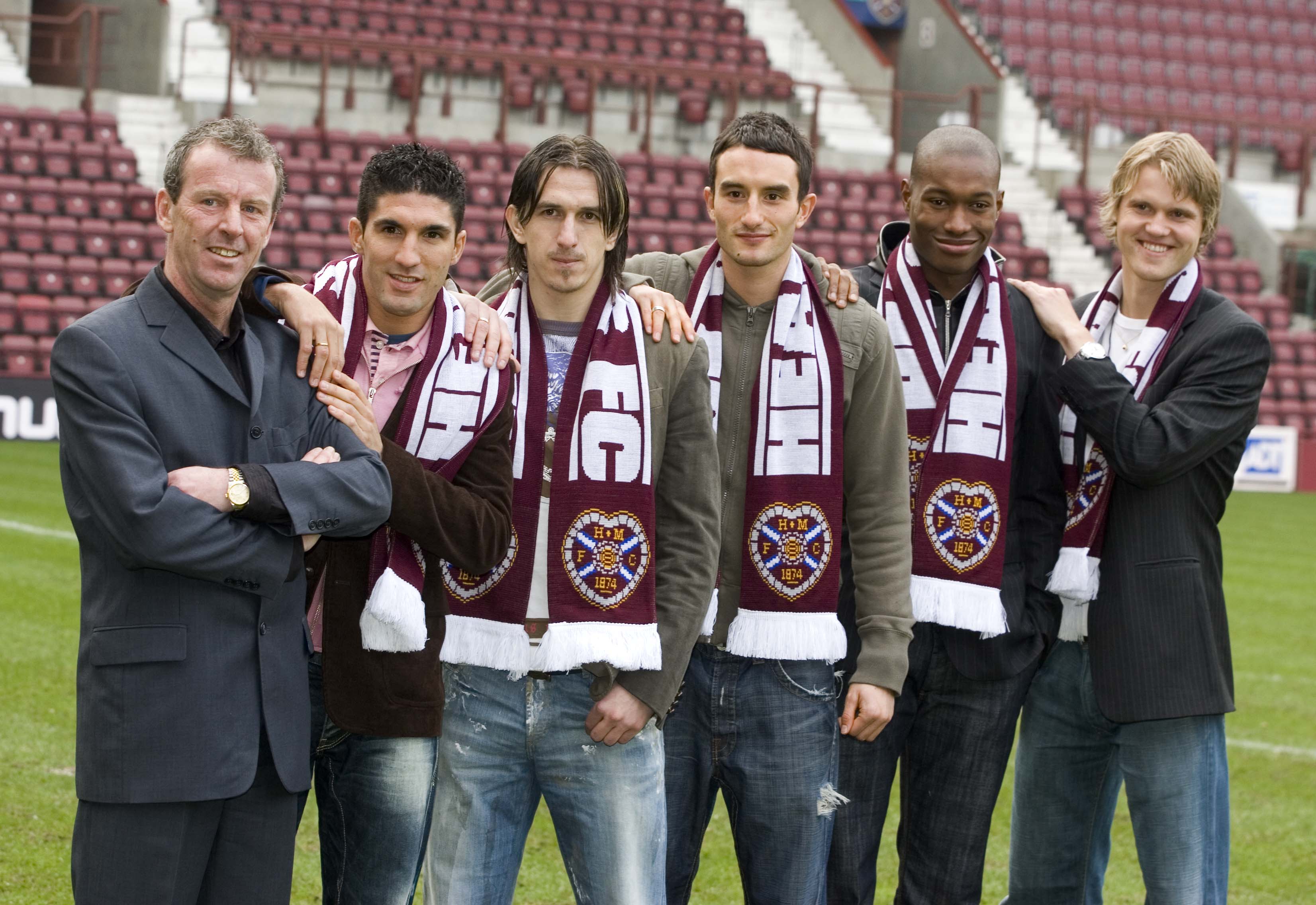 (From left to right): Hearts manager Graham Rix with new signings - Bruno Aguiar, Mirsad Beslija, Chris Hackett, Jose Goncalves and Juho Makela. (SNS Group)