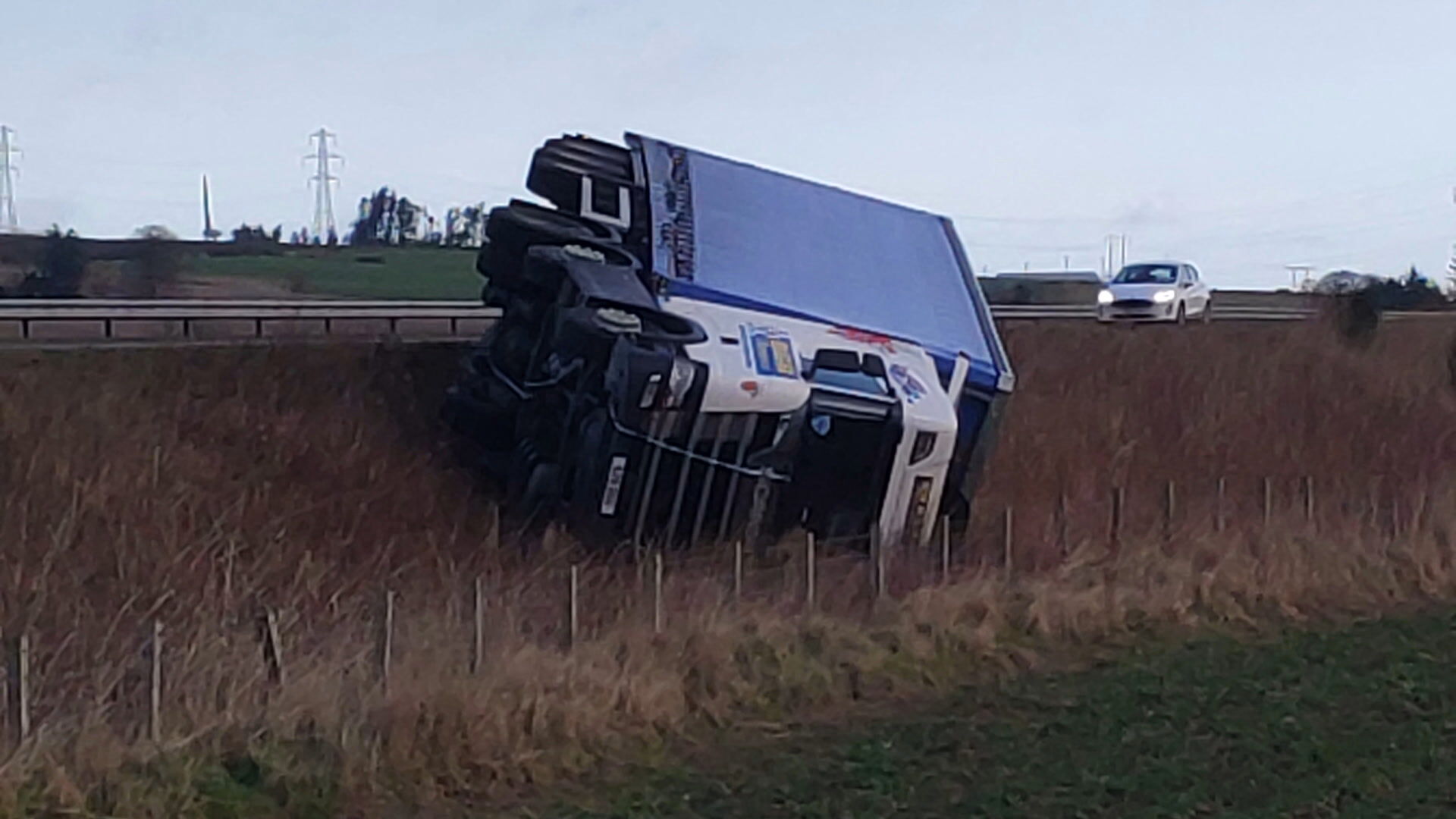 Lorry overturned near Stonehaven.