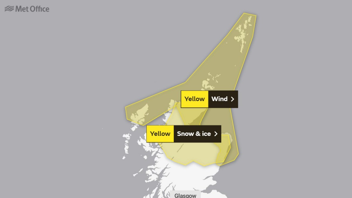 Tuesday: The yellow warnings for wind along with snow and ice.