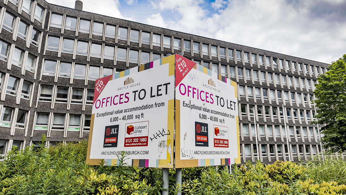 Empty office space advertised in Edinburgh's West Port during the coronavirus pandemic.