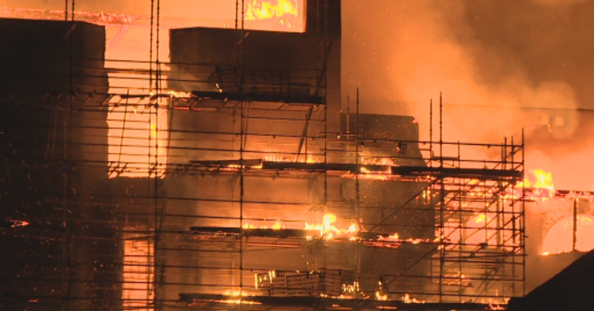 The Charles Rennie Mackintosh designed Glasgow School of Art building engulfed by flames.