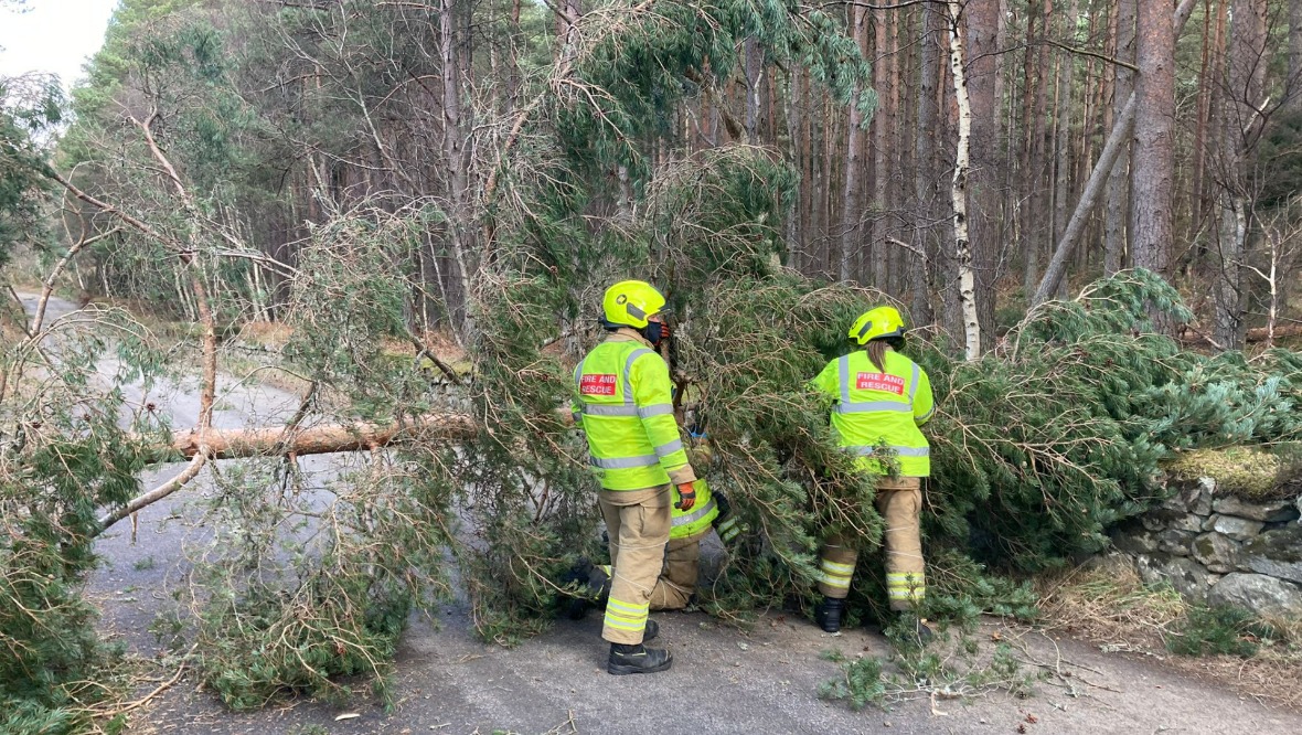 Emergency: Workers are out in force in Banchory, Aberdeenshire.