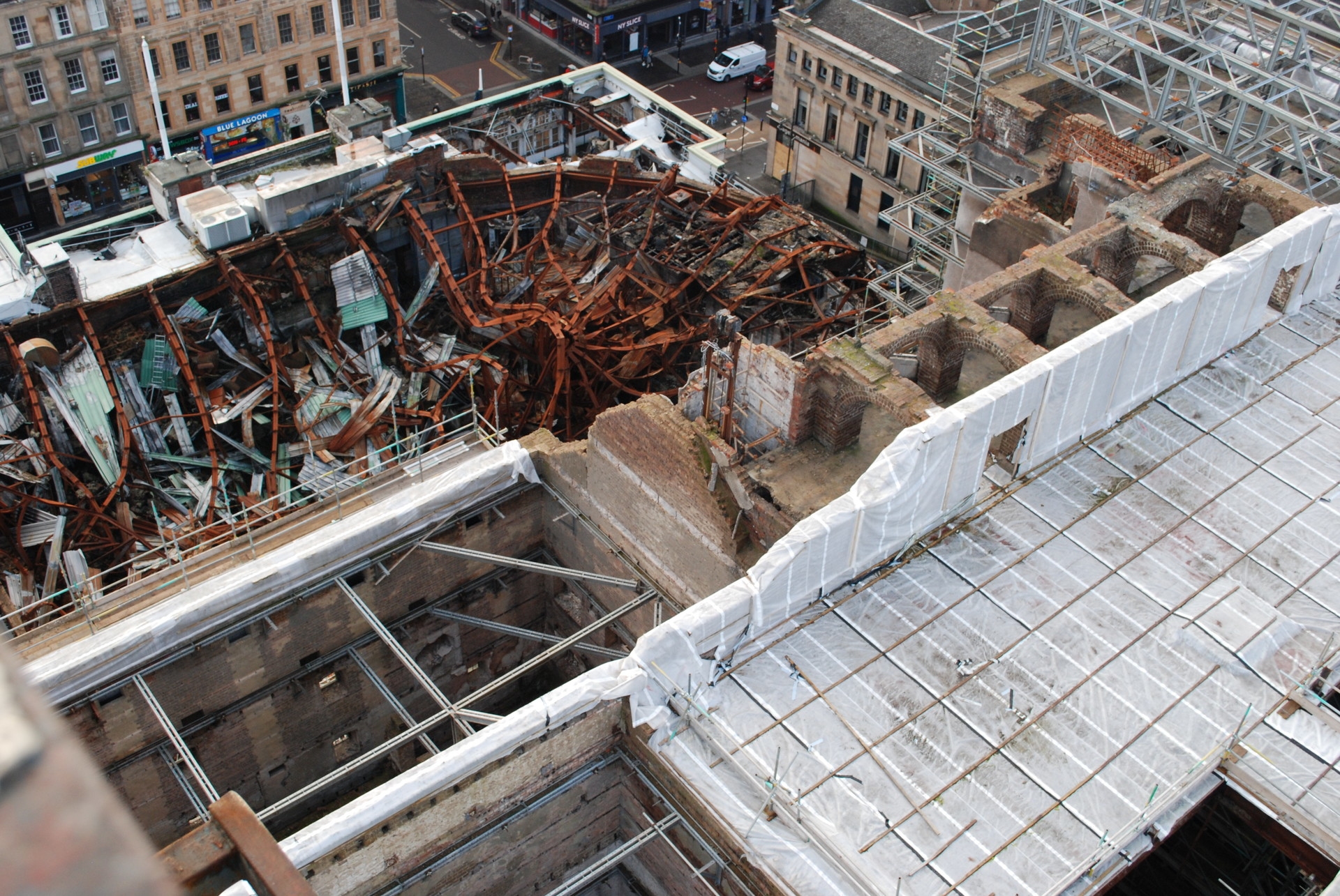 The School of Art and O2 ABC buildings were gutted by flames in June 2018. Photo: STV News.