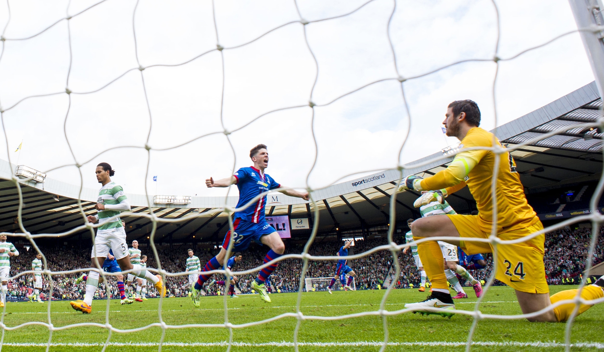 Future Celtic star Ryan Christie celebrates a Caley equaliser, leaving a certain Virgil Van Dijk helpless.