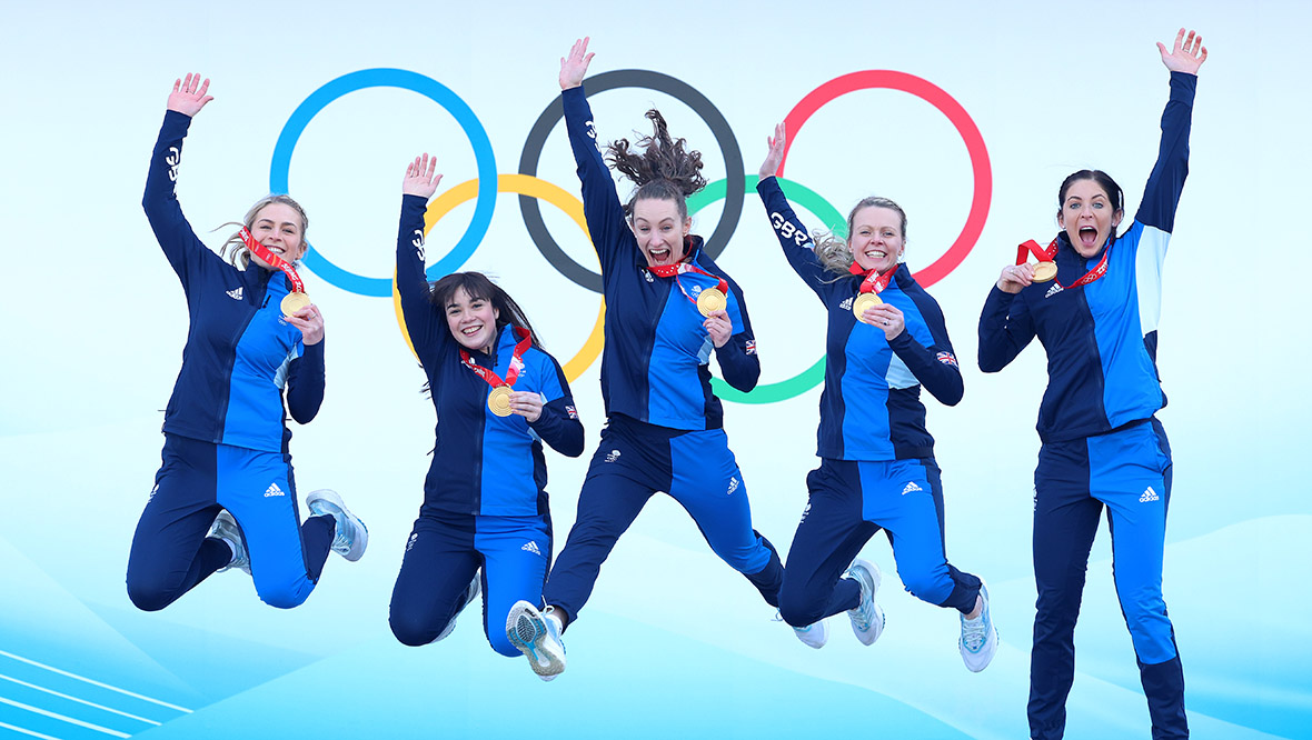 Curlers Milli Smith, Hailey Duff, Jennifer Dodds, Vicky Wright and Eve Muirhead of Team Great Britain pose for pictures  after winning the Gold Medal in the Women's Curling against Team Japan  at National Aquatics Centre on February 20, 2022 in Beijing, China.