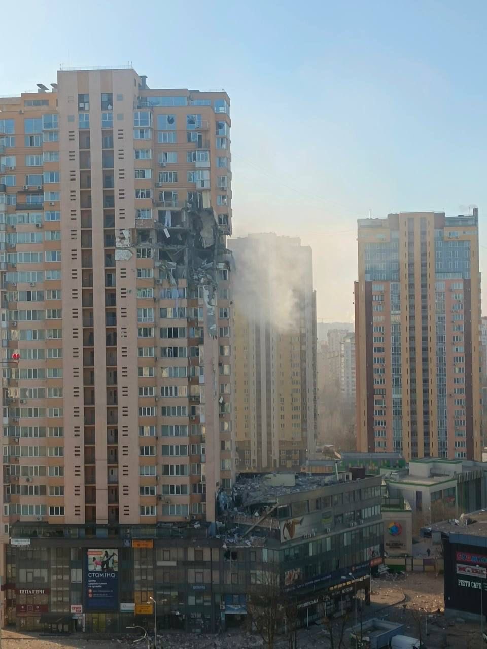 A residential block in the Ukrainian capital, Kyiv, hit by a missile.