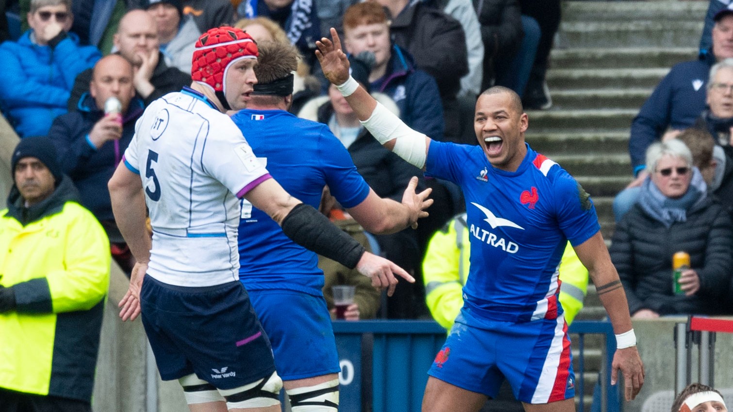 Gael Fickou celebrates his try as France see off the Scots in Edinburgh.