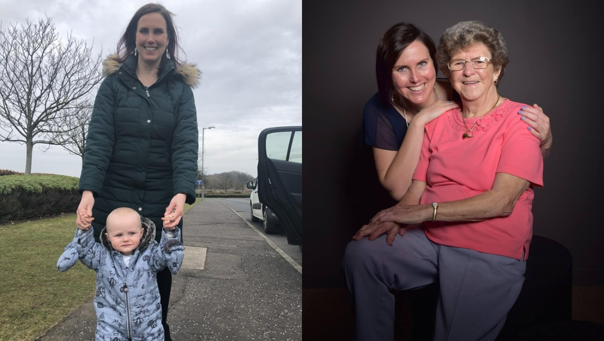 Left: Suzanne with Zachary. Right: Suzanne with her grandmother.