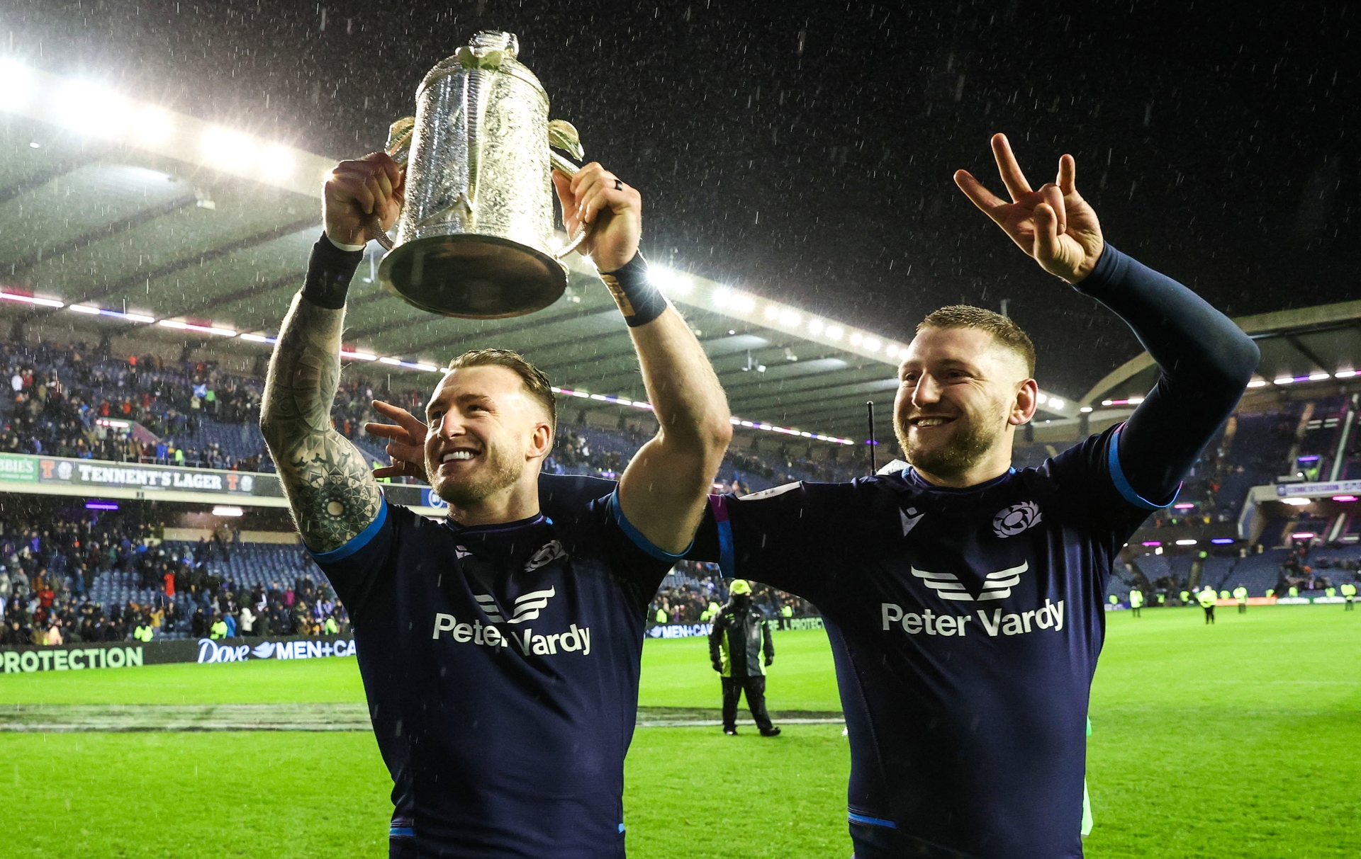 Stuart Hogg and Finn Russell with the Calcutta Cup after defeating England at Murrayfield. (SNS Group)