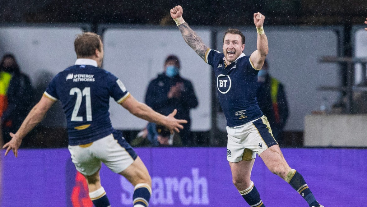 Scotland captain Stuart Hogg shows his joy at full-time.