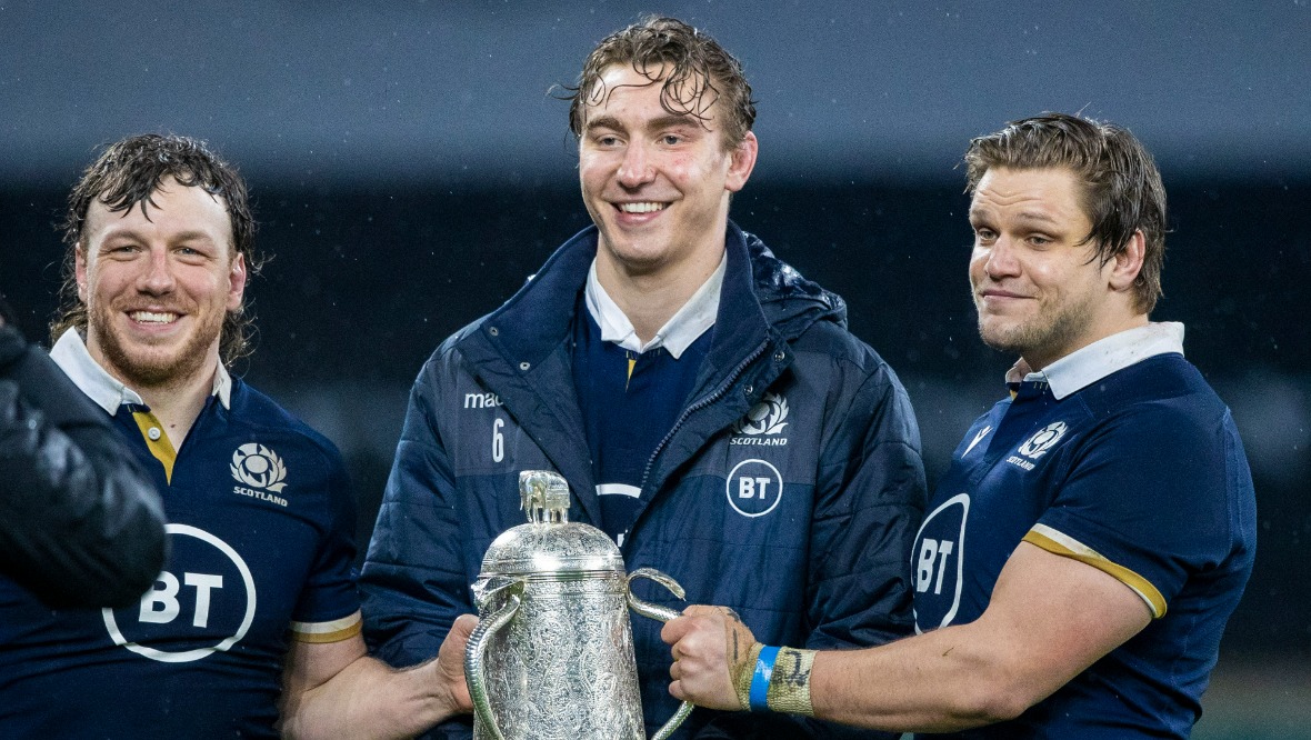 Hamish Watson, Jamie Ritchie and George Turner proudly show off the Calcutta Cup.