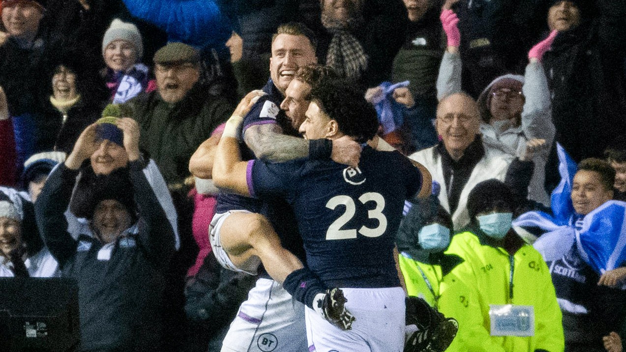 Scotland celebrate at full time after beating England at Murrayfield.