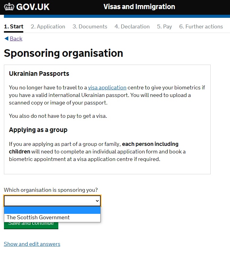 A screenshot showing the Scottish Government as the only organisation available as a sponsor on the Homes for Ukraine scheme application process.