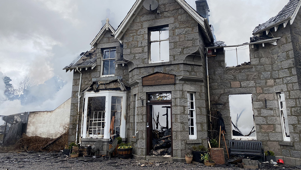 Burnt-out Braemar Lodge Hotel.