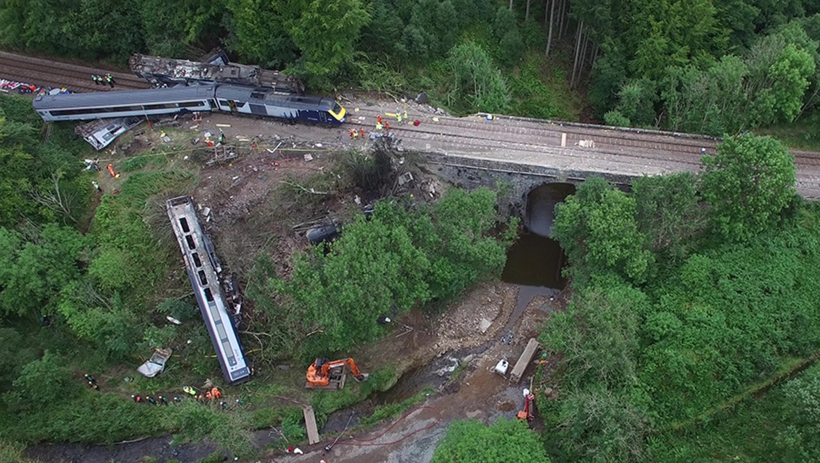 An aerial view of the Stonehaven train crash site.