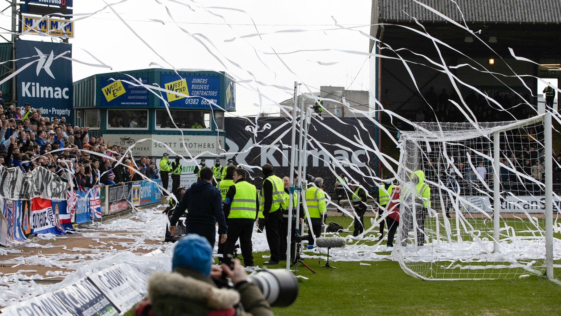 DUNDEE, SCOTLAND - MARCH 20: Rangers fans stop the game while protesting the Old Firm friendly in Australia during a cinch Premiership match between Dundee and Rangers at the Kilmac Stadium at Dens Park, on March 20, 2022, in Dundee, Scotland.  (Photo by Alan Harvey / SNS Group)