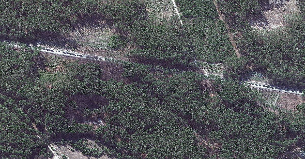 Russia: A large military convoy spotted north of Kyiv earlier this week. Satellite image ©2022 Maxar Technologies