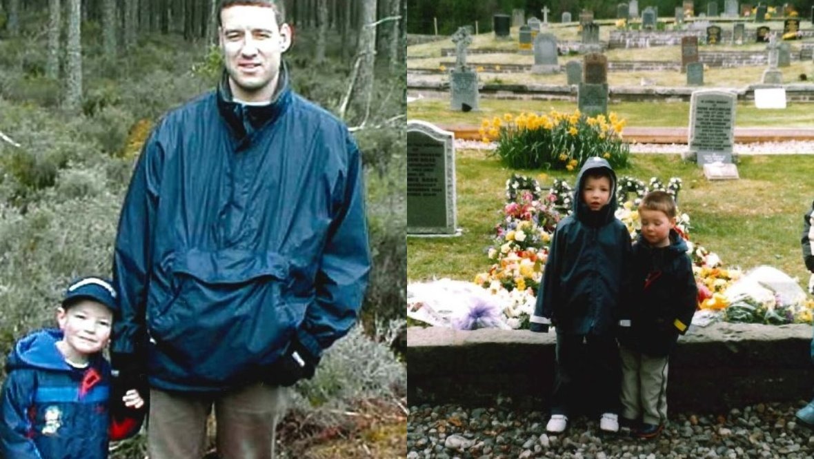 Alistair Wilson pictured with son Andrew (left) and the brothers at his graveside (right). 