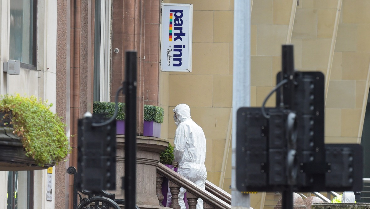 GLASGOW, SCOTLAND - JUNE 28: Investigations continue at the Park Inn Hotel on West George Street after a serious incident on Friday evening, on June 28, 2020, in Glasgow, Scotland.