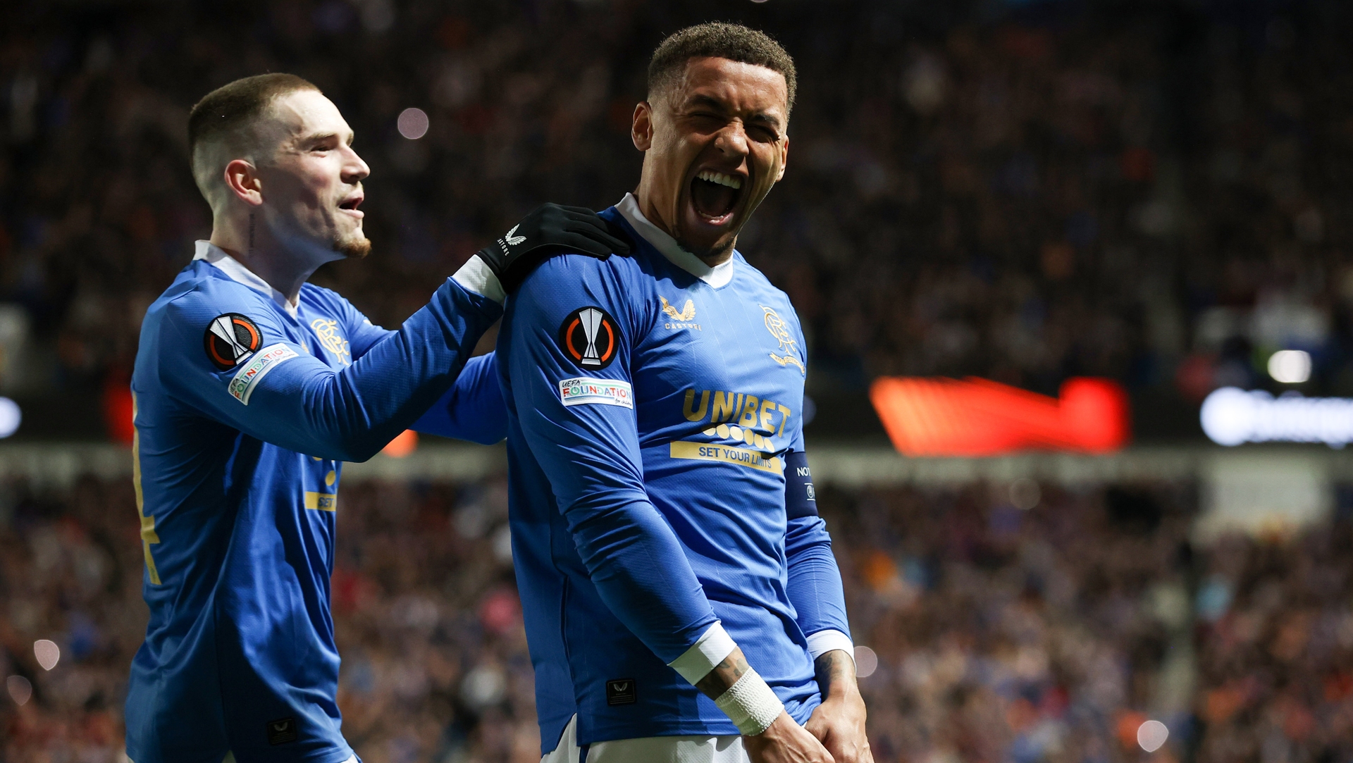 GLASGOW, SCOTLAND - APRIL 14: Rangers' James Tavernier celebrates making it 2-0 from the penalty spot during a UEFA Europa League Quarter Final 2nd Leg match between Rangers and SC Braga at Ibrox, on April 14, 2022, in Glasgow, Scotland.  (Photo by Craig Williamson / SNS Group)