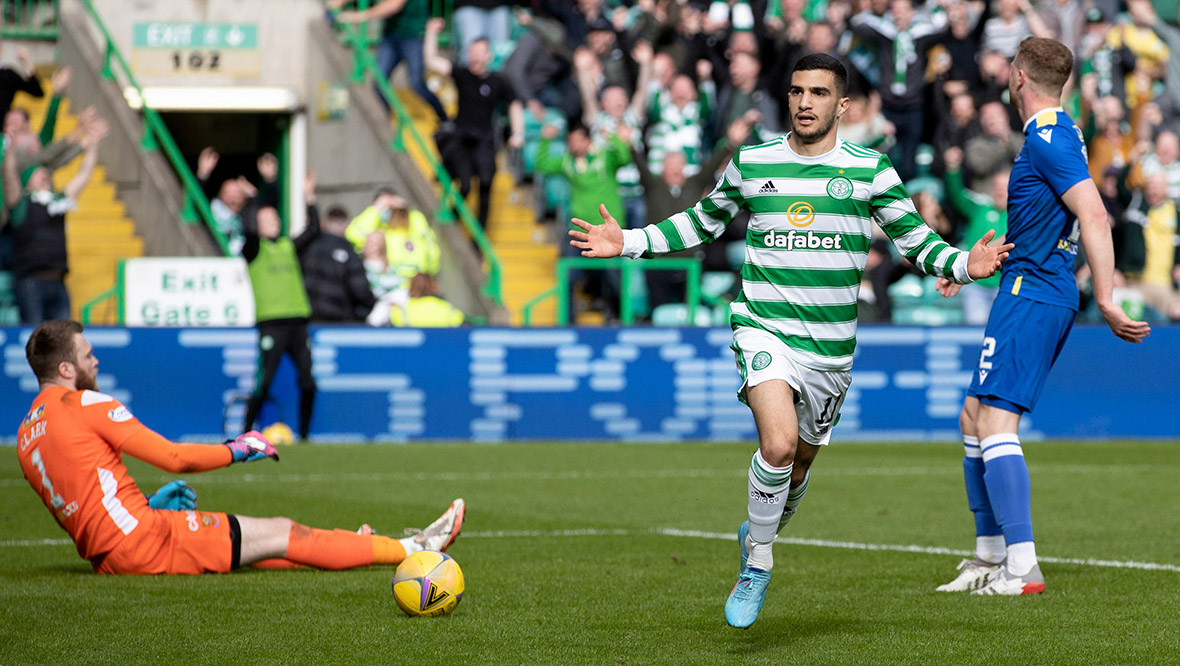 Liel Abada celebrates making it 7-0 as Celtic rout St Johnstone.