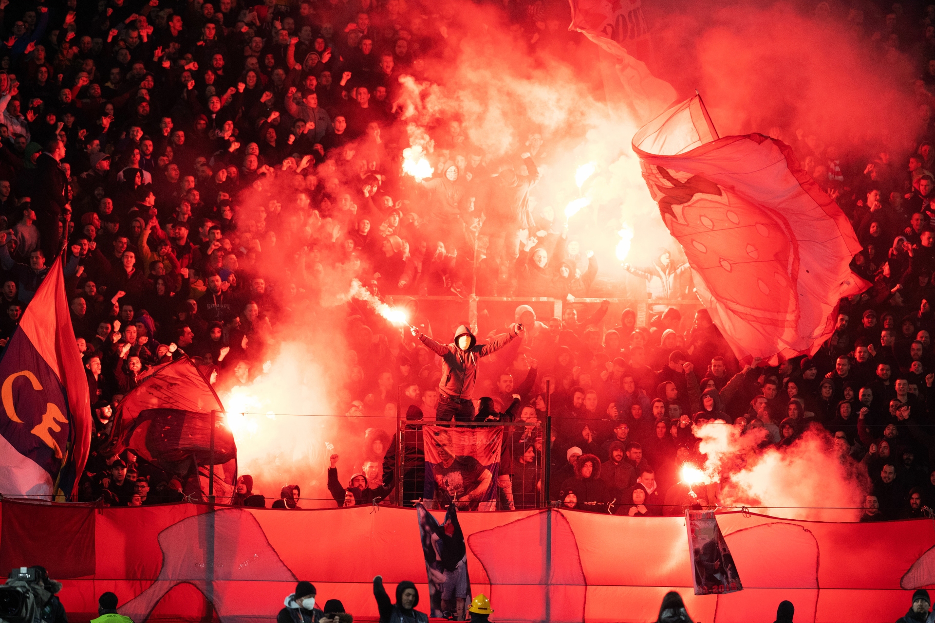 Red Star Belgrade fans at the Rajko Mitic Stadium.
