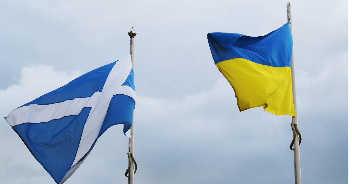 Ukraine Flag greets the Ukraine National Team arriving into Glasgow Airport before the World Cup Play-off match against Scotland, on May 30, 2022