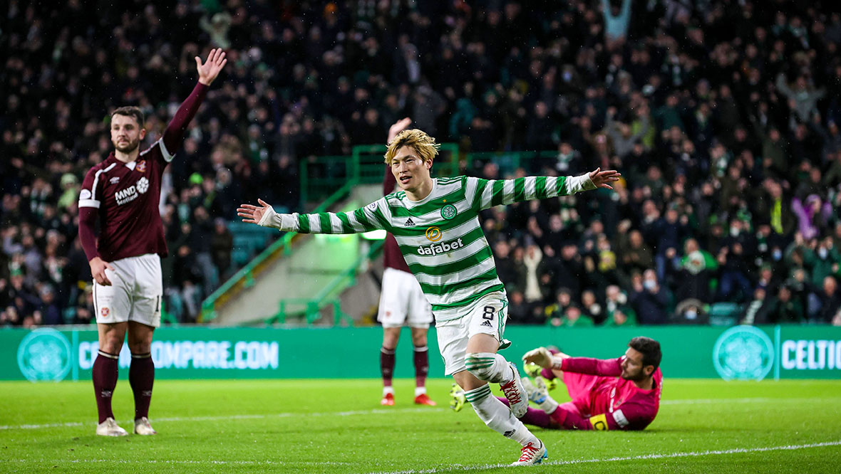 Kyogo Furuhashi celebrating the winning goal against Hearts.